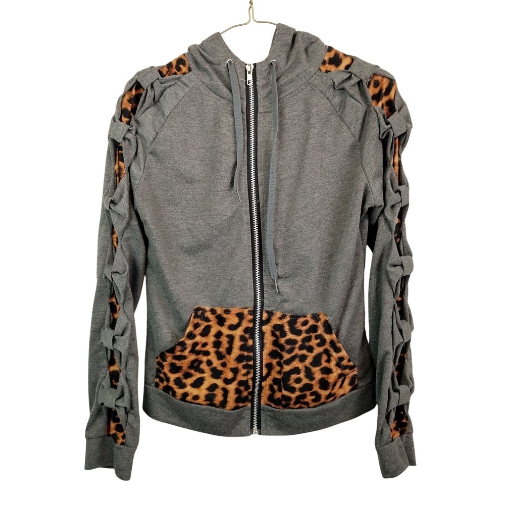 Edgy Gray/Leopard Cutout Zip-Up Hoodie S/M Sweatshirt Indie‎ Grunge Streetwear